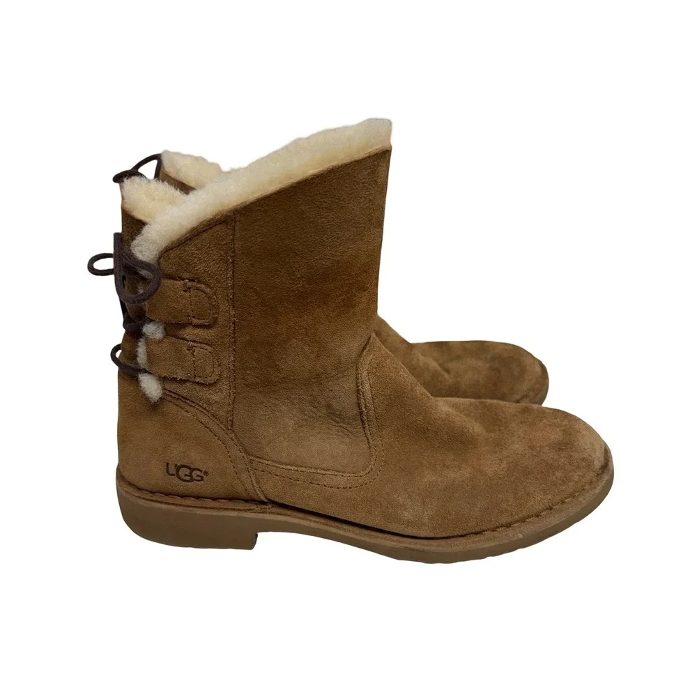 UGG Plush Naiyah Boots Women 9 Chestnut Brown Suede Shearling Lace Back